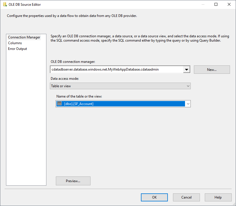 The SQL Server table to export into Dynamics GP.