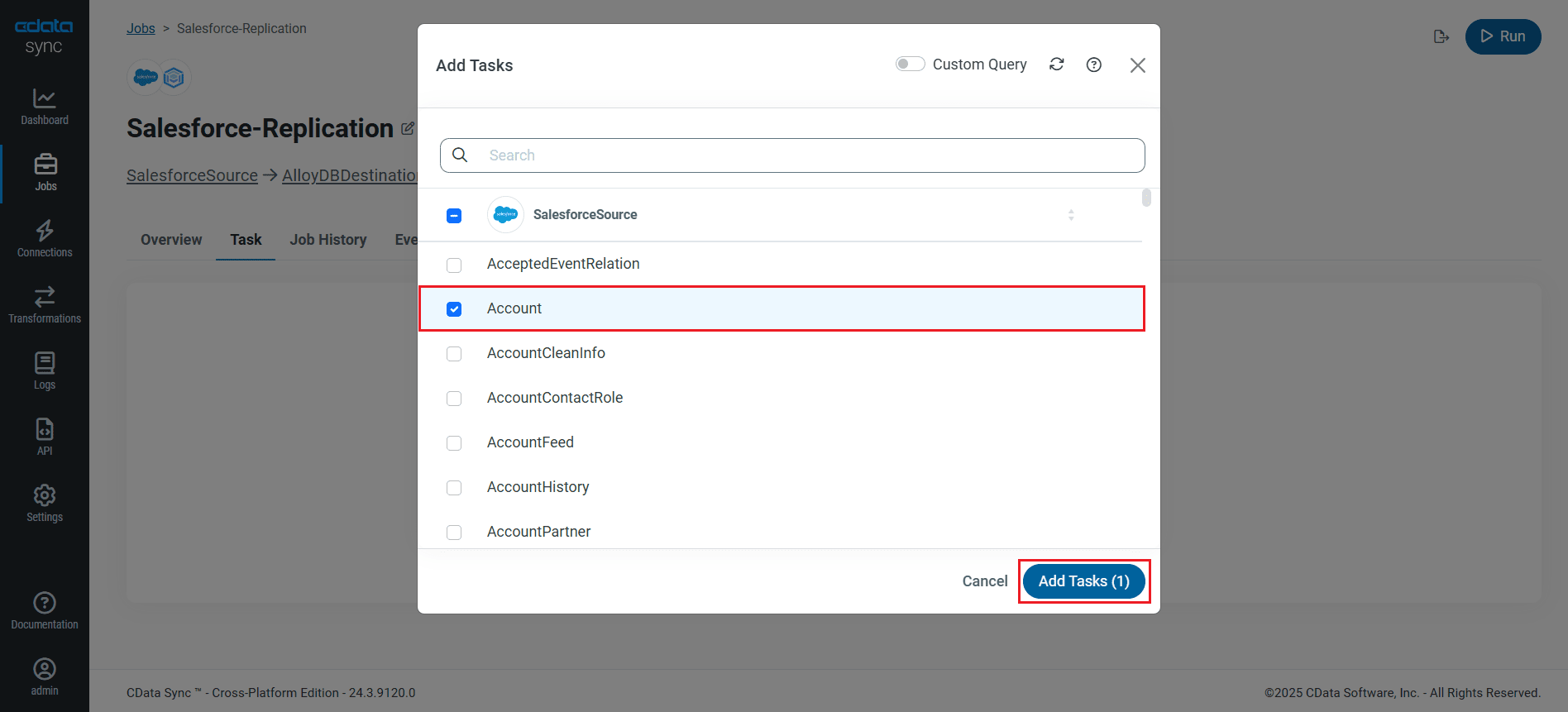 Choose entire tables to replicate (Salesforce is shown).