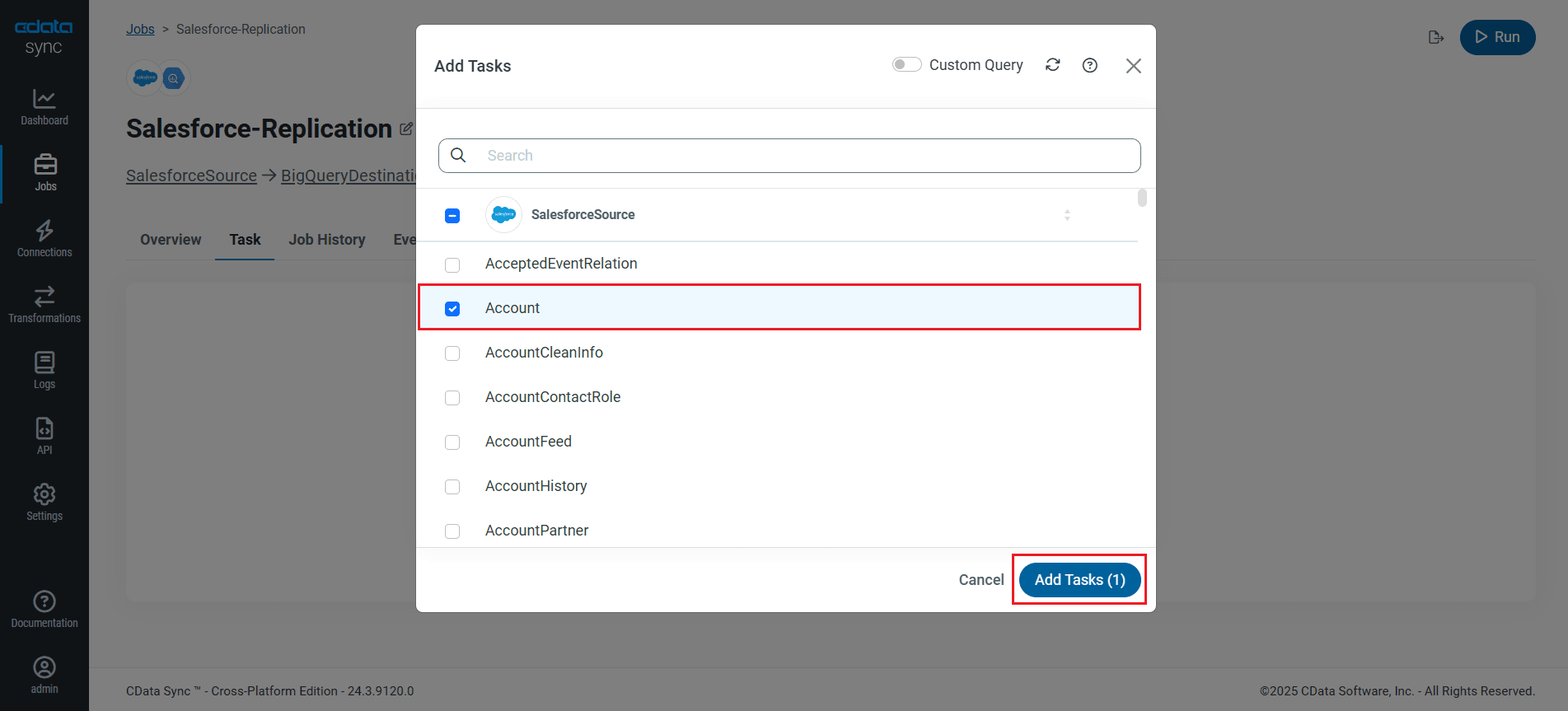 Choose entire tables to replicate (Salesforce is shown).
