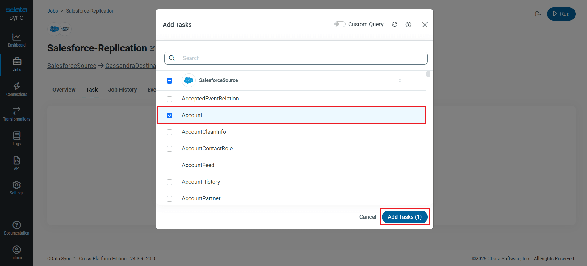 Choose entire tables to replicate (Salesforce is shown).
