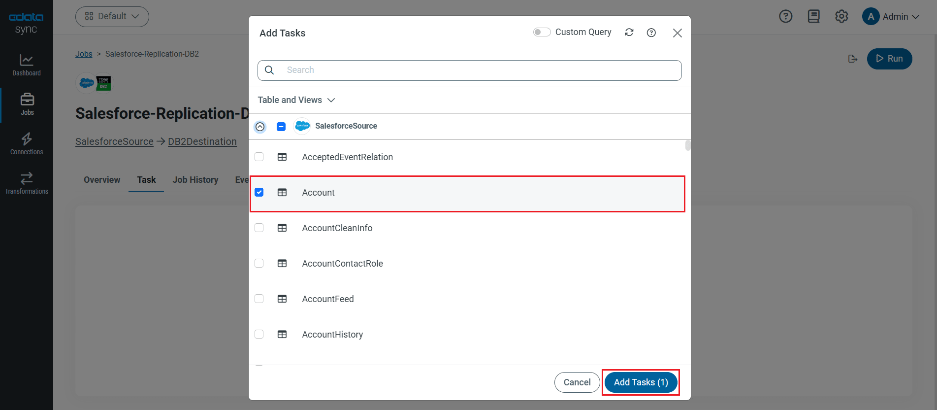 Choose entire tables to replicate (Salesforce is shown).