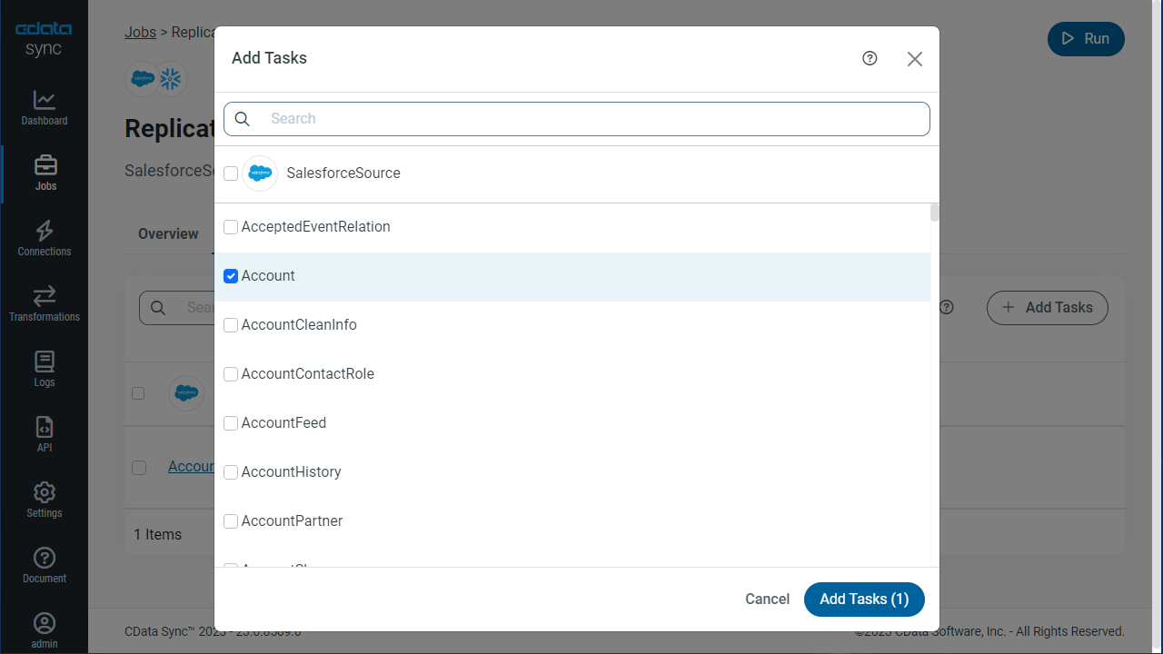 Choose entire tables to replicate (Salesforce is shown).