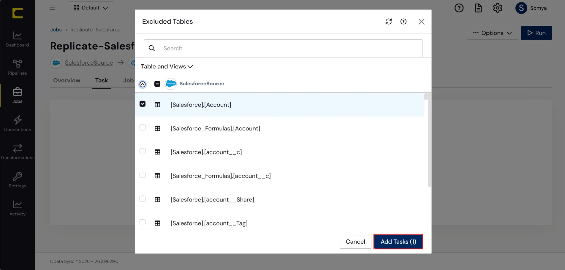 Choose entire tables to replicate (Salesforce is shown).