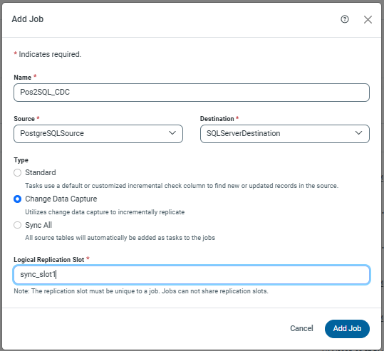 Add Job Screen for Traditional CDC