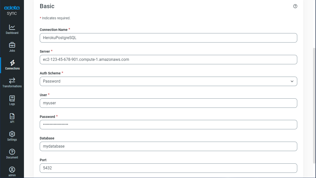 PostgreSQL データベースの接続設定。
