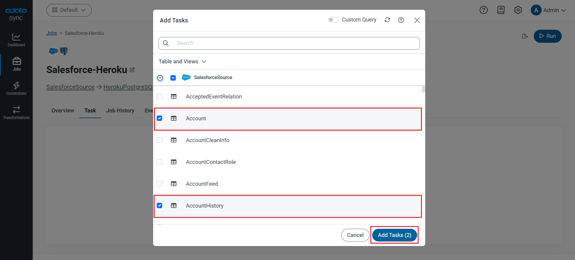 Choose entire tables to replicate (Salesforce is shown).
