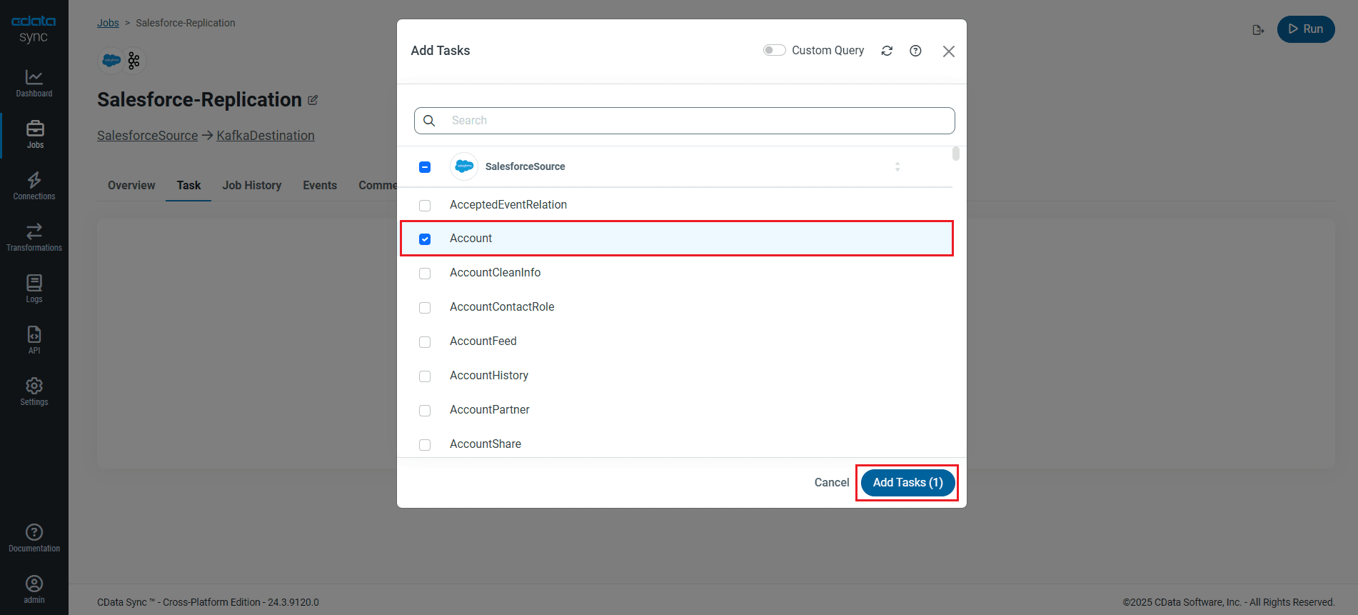Choose entire tables to replicate (Salesforce is shown).
