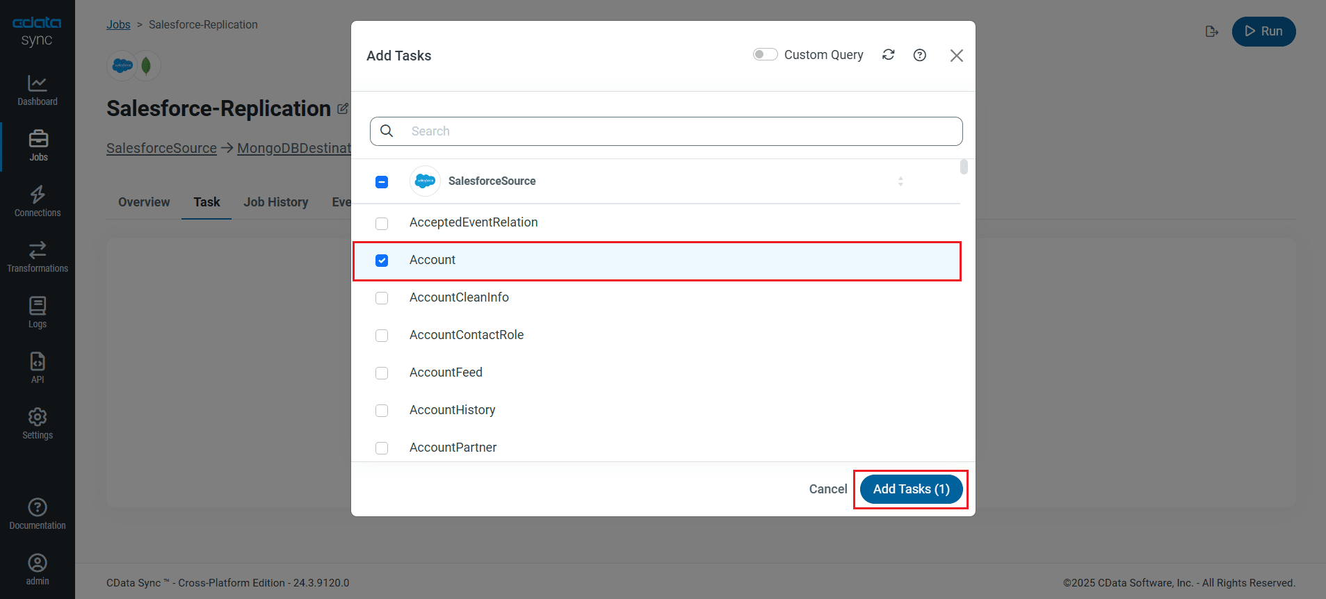 Choose entire tables to replicate (Salesforce is shown).