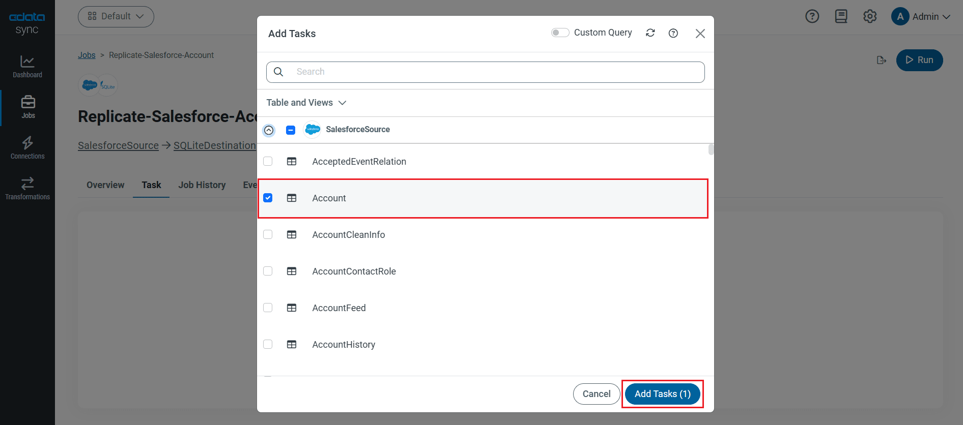 Choose the account table to replicate (Salesforce is shown).
