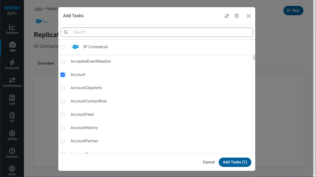 Choose entire tables to replicate (Salesforce is shown).