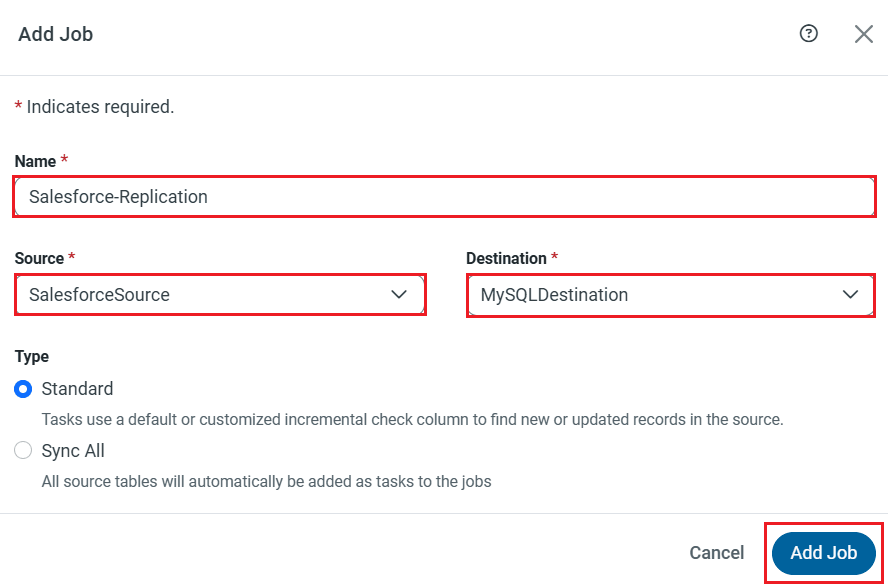 Select Source and Destination connections for the replication.