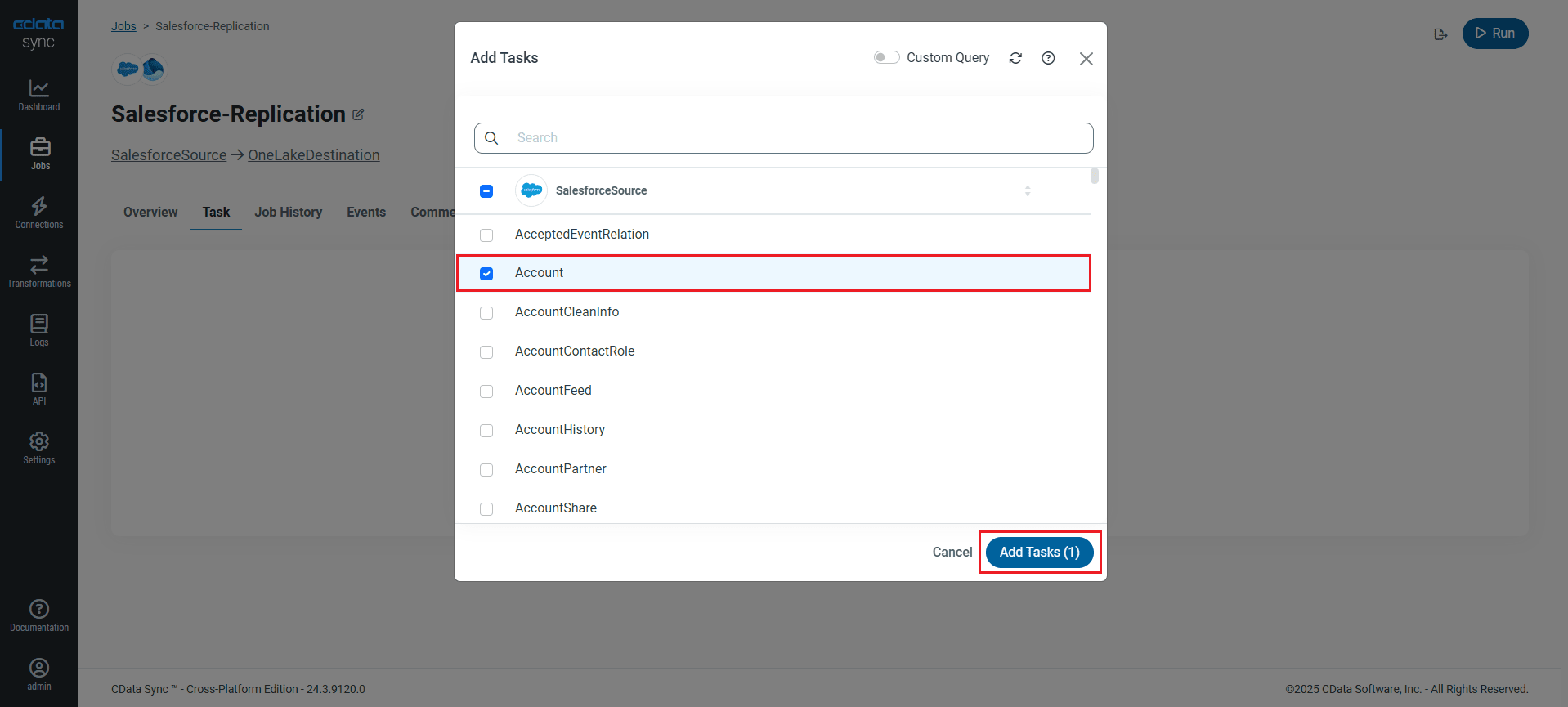 Choose entire tables to replicate (Salesforce is shown).
