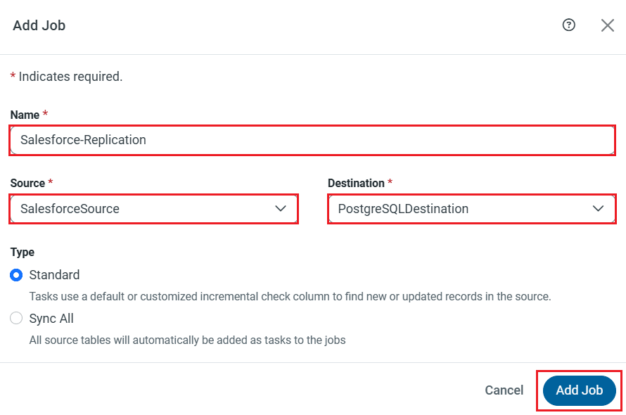 Select Source and Destination connections for the replication.
