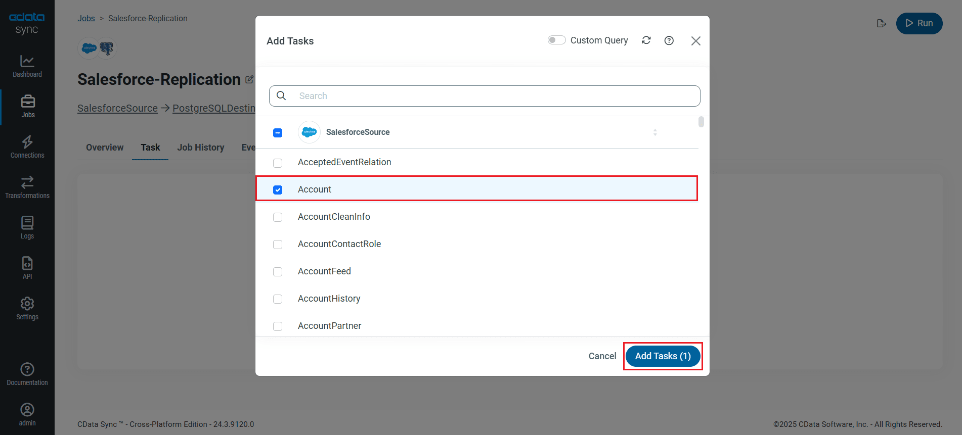 Choose entire tables to replicate (Salesforce is shown).