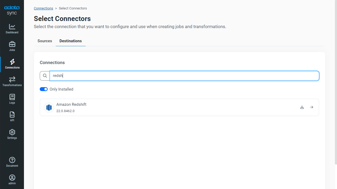 Amazon Redshift をDestination に選択