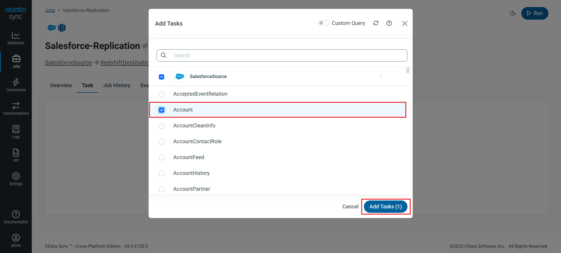 Choose entire tables to replicate (Salesforce is shown).