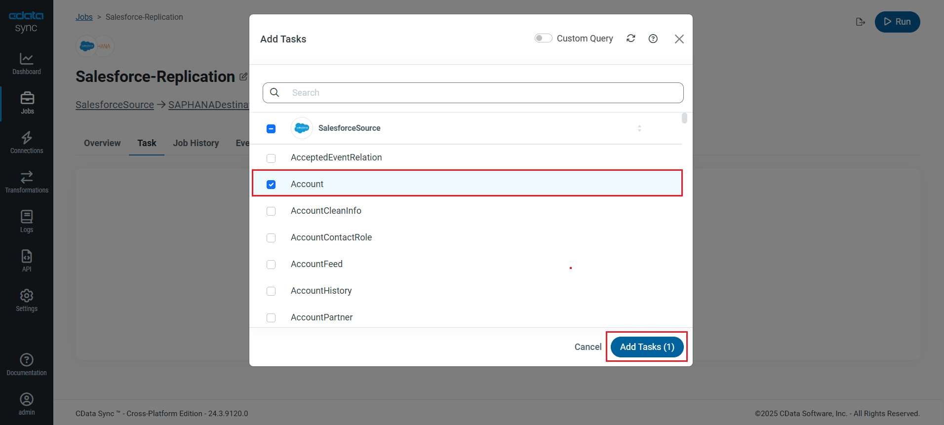 Choose entire tables to replicate (Salesforce is shown).