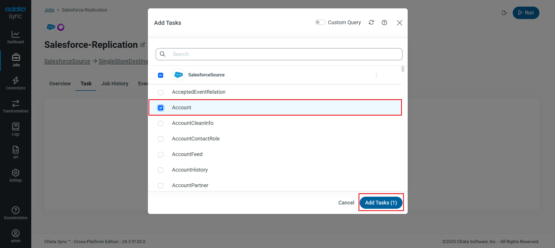 Choose entire tables to replicate (Salesforce is shown).