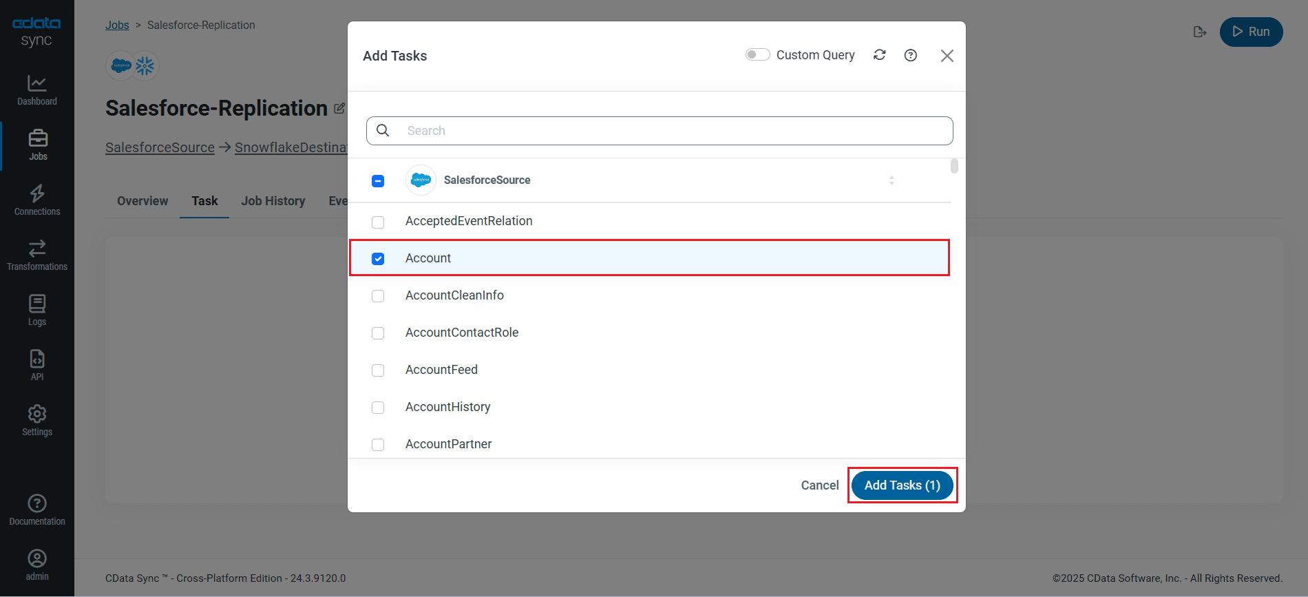 Choose entire tables to replicate (Salesforce is shown).