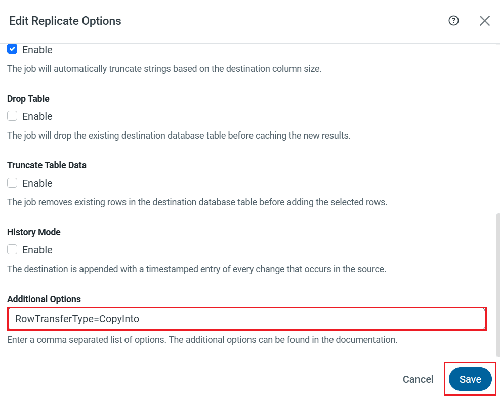 Set the additional options in replicate options