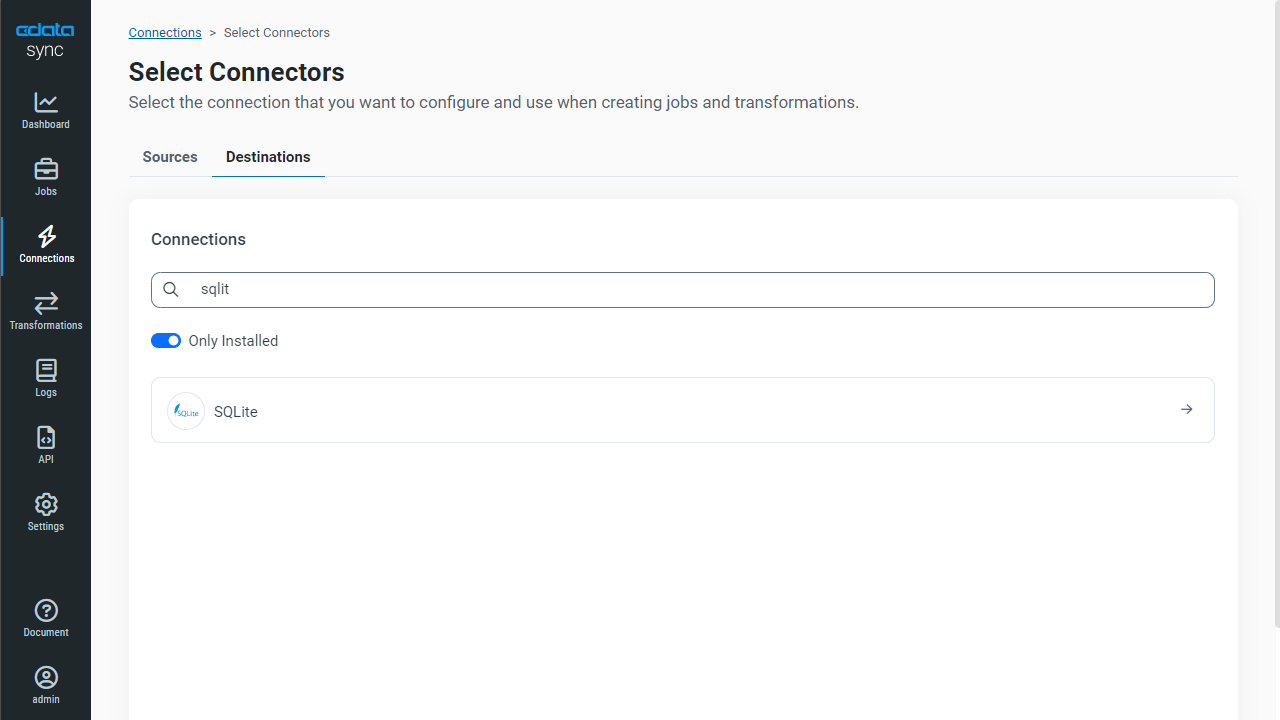 SQLite をDestination に選択