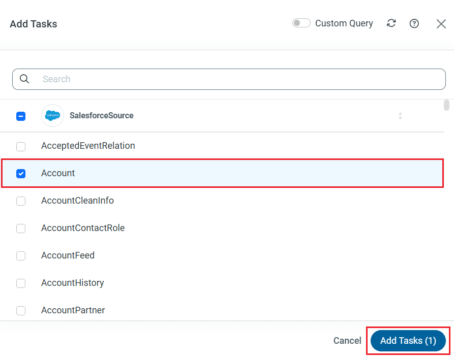 Choose entire tables to replicate (Salesforce is shown).