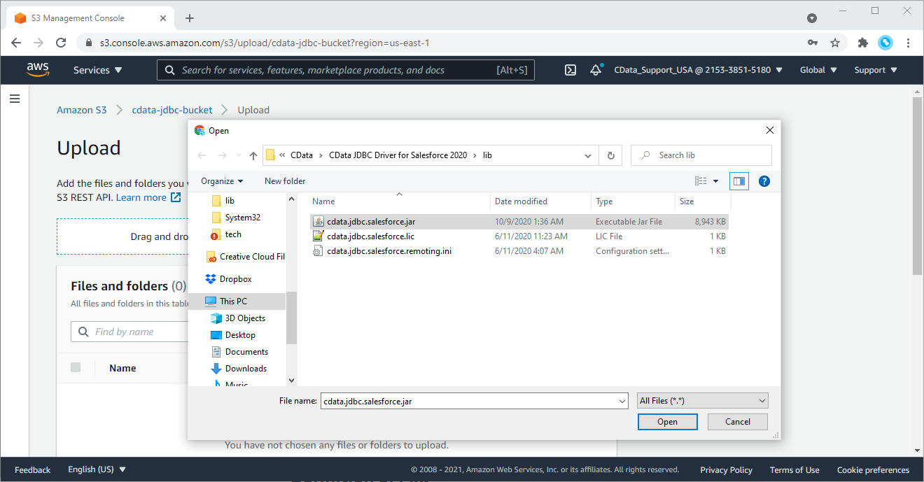 Uploading a JDBC Driver to an Amazon S3 bucket (Salesforce is shown)