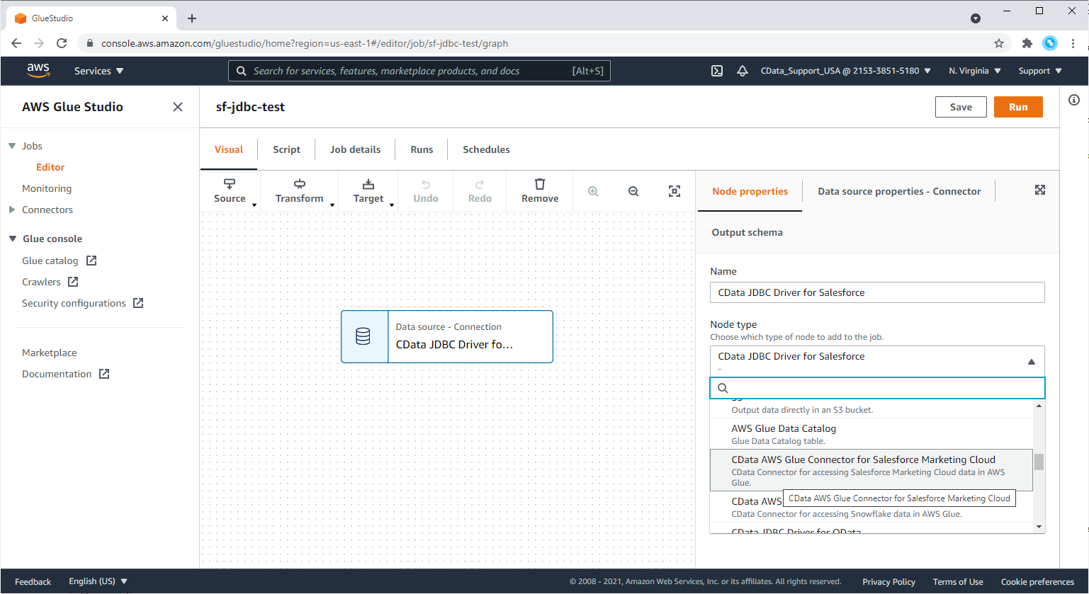 Changing from a Custom Connector to an AWS Glue Connector.