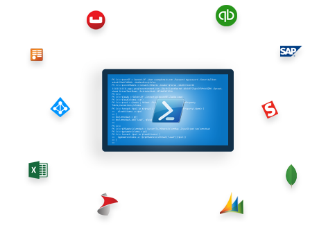 Icons of varius datasource and a computer monitor showing powershell terminal and powershell logo