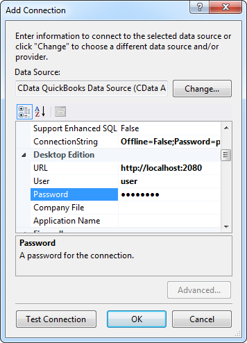 Illustration of a sample configuration using CData QuickBooks driver to establish a connection to QuickBooks data via QuickBooks Gateway.