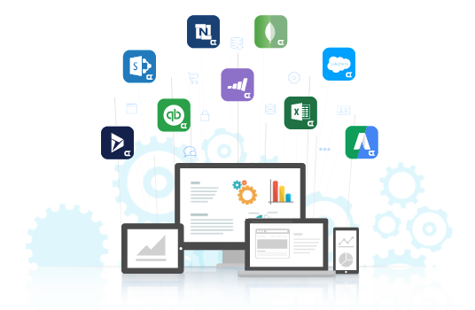 A laptop, tablet, mobile device, desktop monitor and various datasource icons.