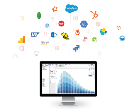 Computer monitor disaplaying analytic data and column charts on a BI tool.